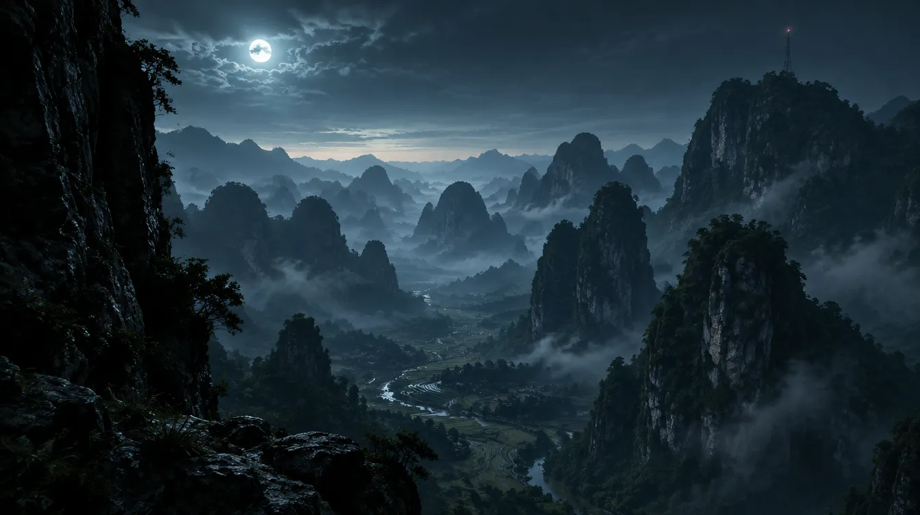 Lembah karst di malam hari: menara-menara batu kapur muncul dari kabut, bulan di balik awan.